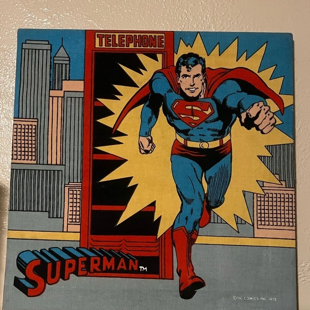 1975 Rare Vintage Superman DC Fabric Wall Hanging Comic Book Picture Red Yellow